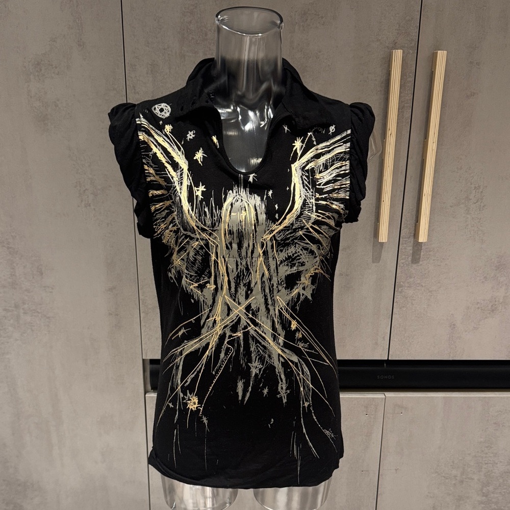 Dex Black Top with Gold Wing Design